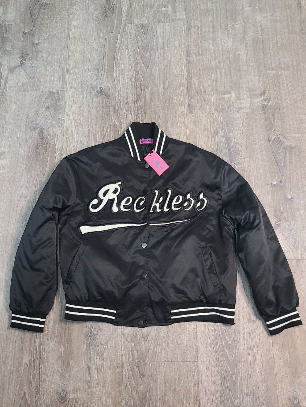 Edikted NWT Reckless Black Striped Varsity Bomber Jacket - Size Small